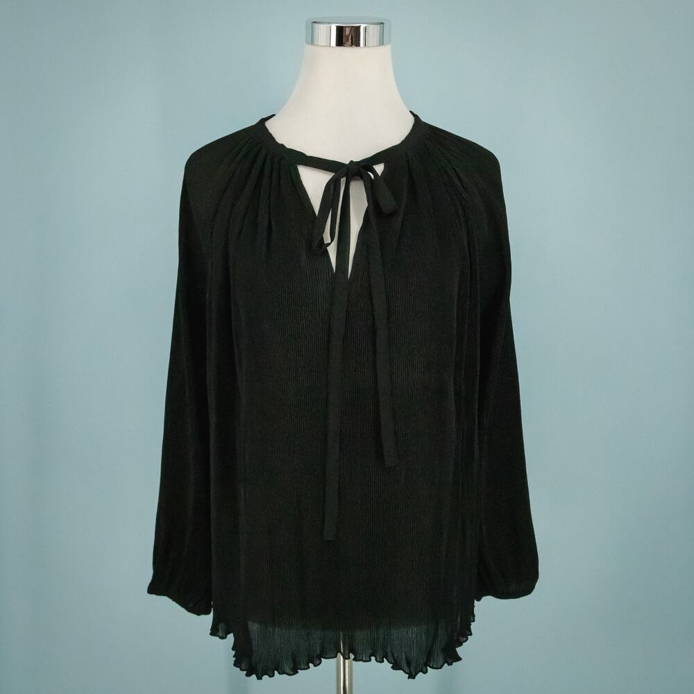 Muche Muchette One Size Black Pleated Tie V Neck Long Sleeve Woven Top Blouse